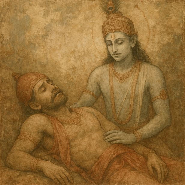 Arjuna crying with krishn