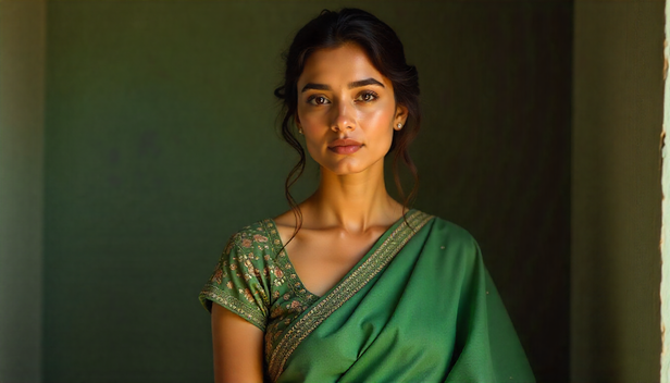 Woman in green linen sare