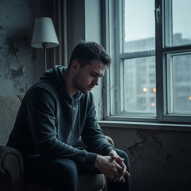 sad young man sitting near window in city apartment
