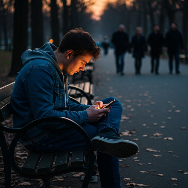 person staring at phone feeling lonely