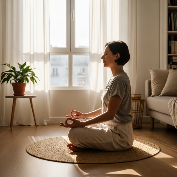 person meditating in apartment room