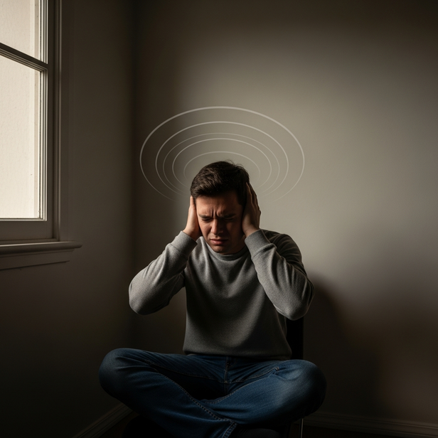 person experiencing tinnitus in quiet room