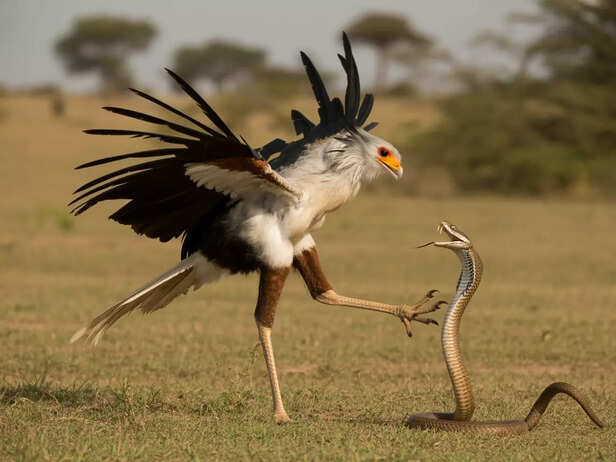Secretary Bird Hunting Snake With Its Leg