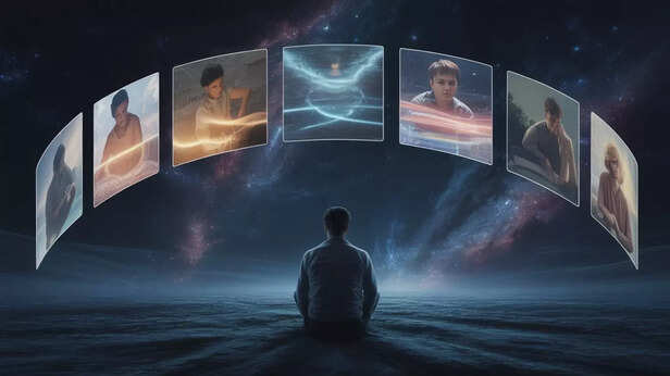 A Person Sits In A Vast Cosmic Expanse