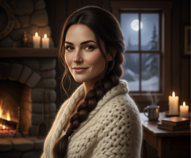 Woman in shawl and loose ponytail